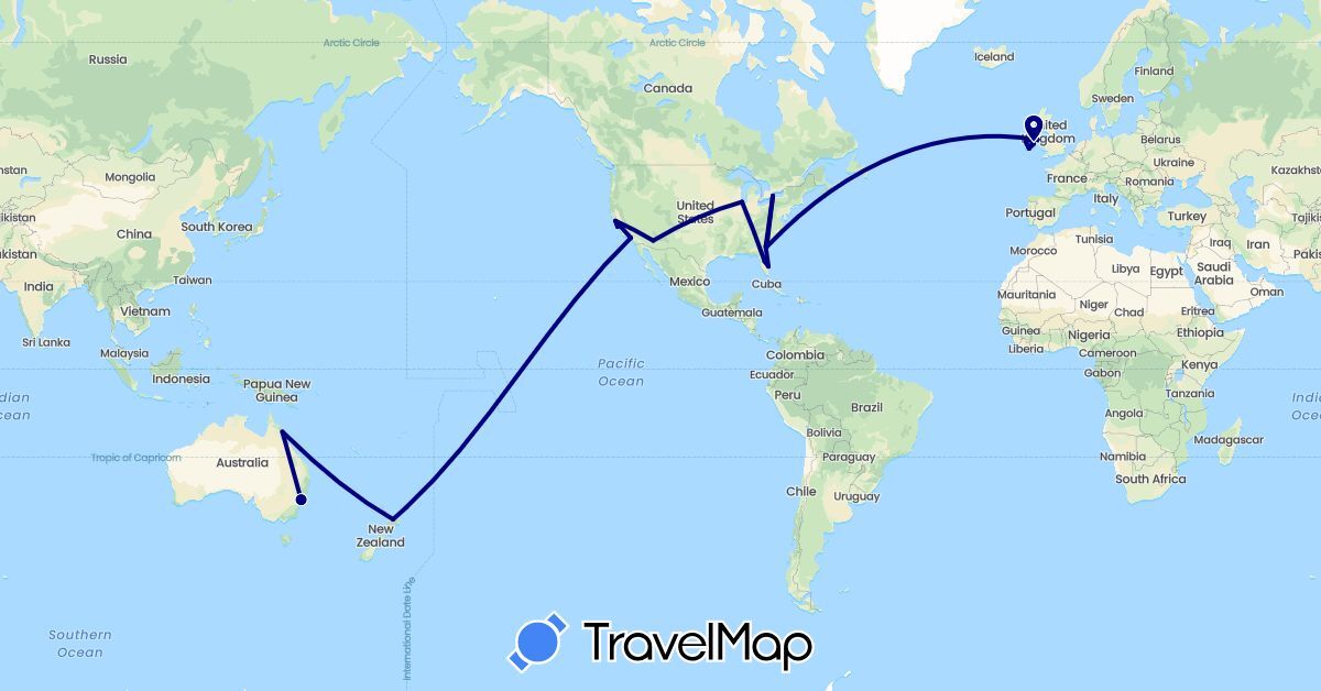 TravelMap itinerary: driving in Australia, Canada, United Kingdom, Ireland, New Zealand, United States (Europe, North America, Oceania)